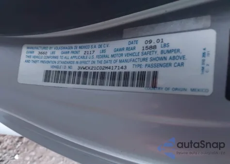 2002 Volkswagen New Beetle Gls z USA, uszkodzony, nr VIN 3VWCK21C02M417143